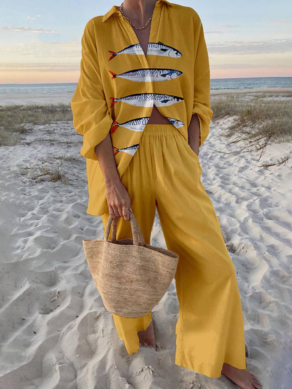 Junia Ocean Print Shirt and Pocket Pants Set