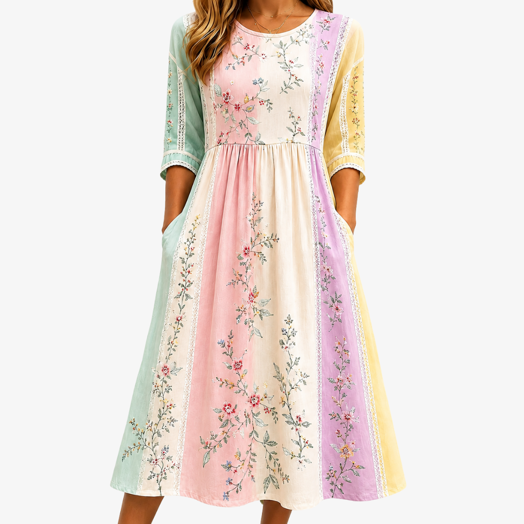 Robe Midi à Poches Panneaux Jardin Pastel