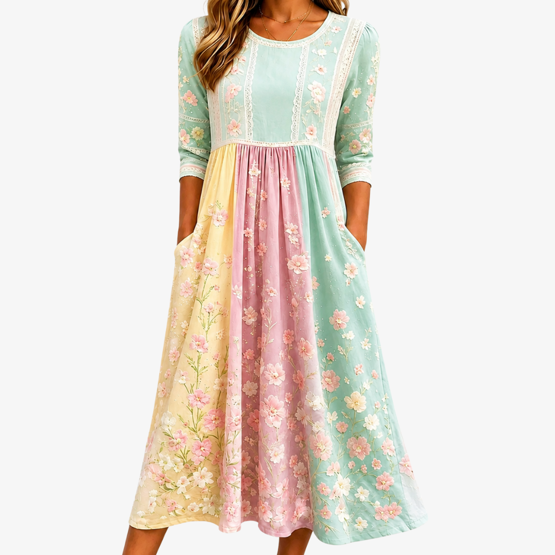 Robe Midi Patchwork à Poches Floraison Printanière