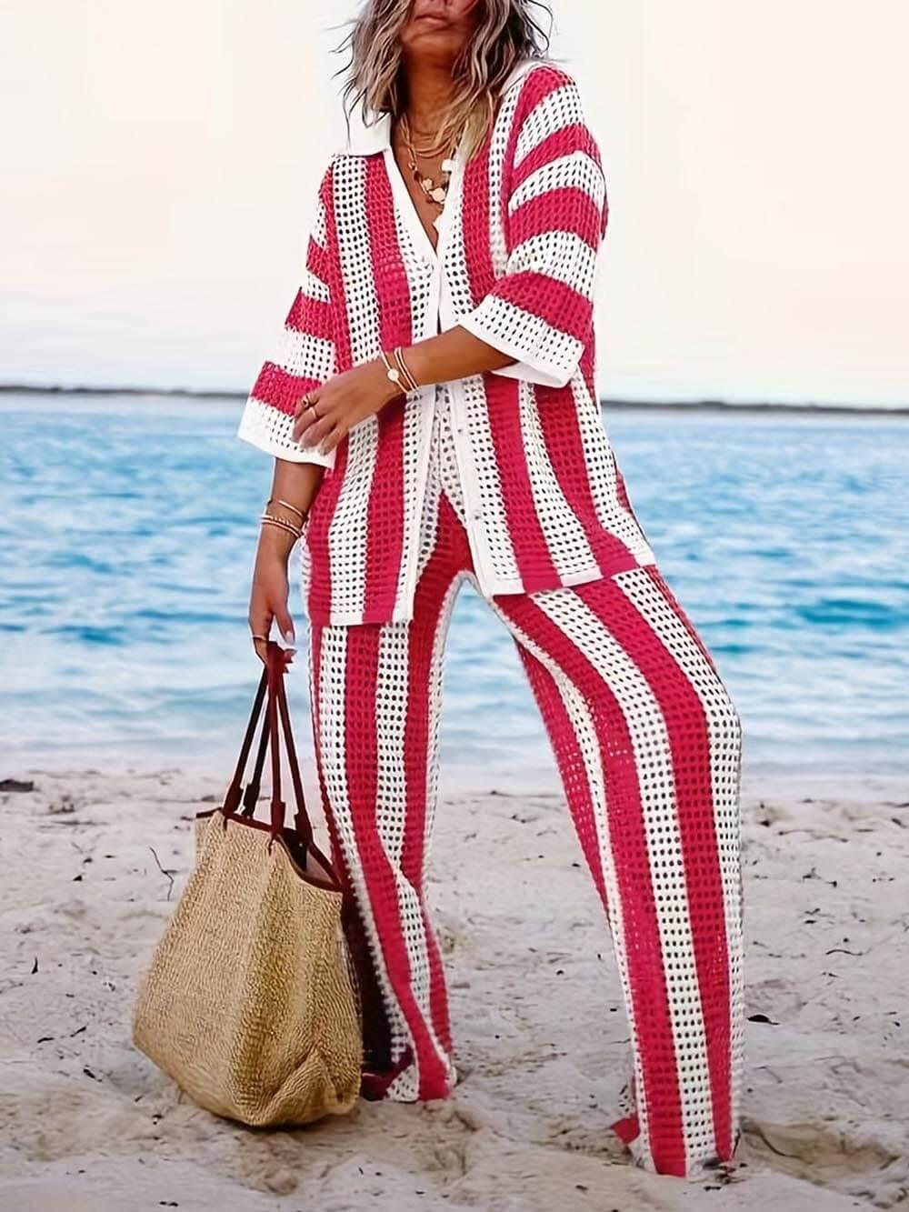 Elara Striped Shirt and Wide Leg Pants Set
