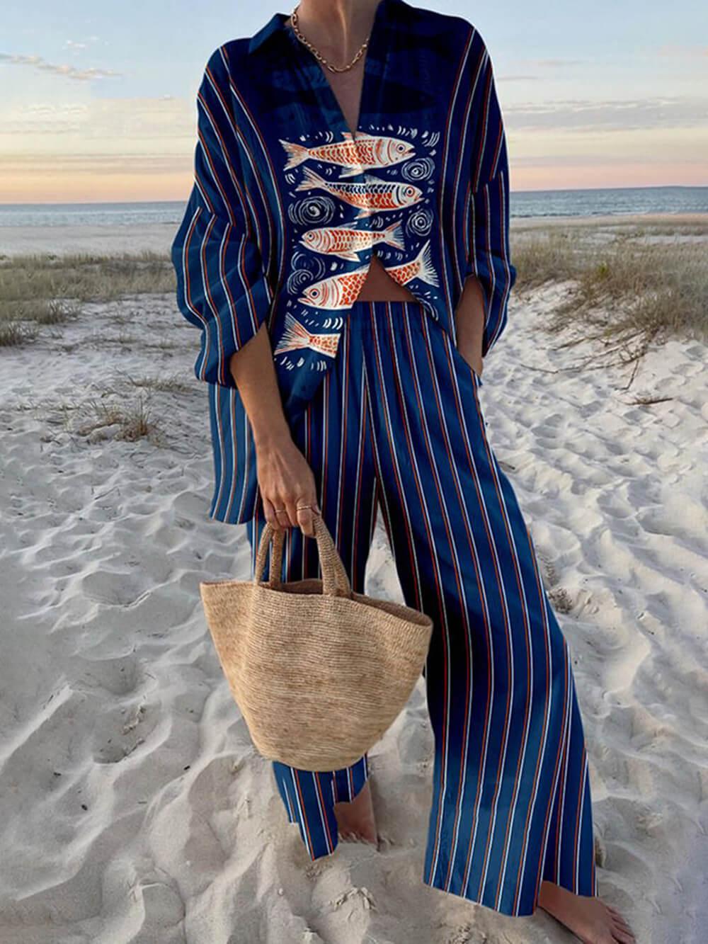 Junia Ocean Print Shirt and Pocket Pants Set