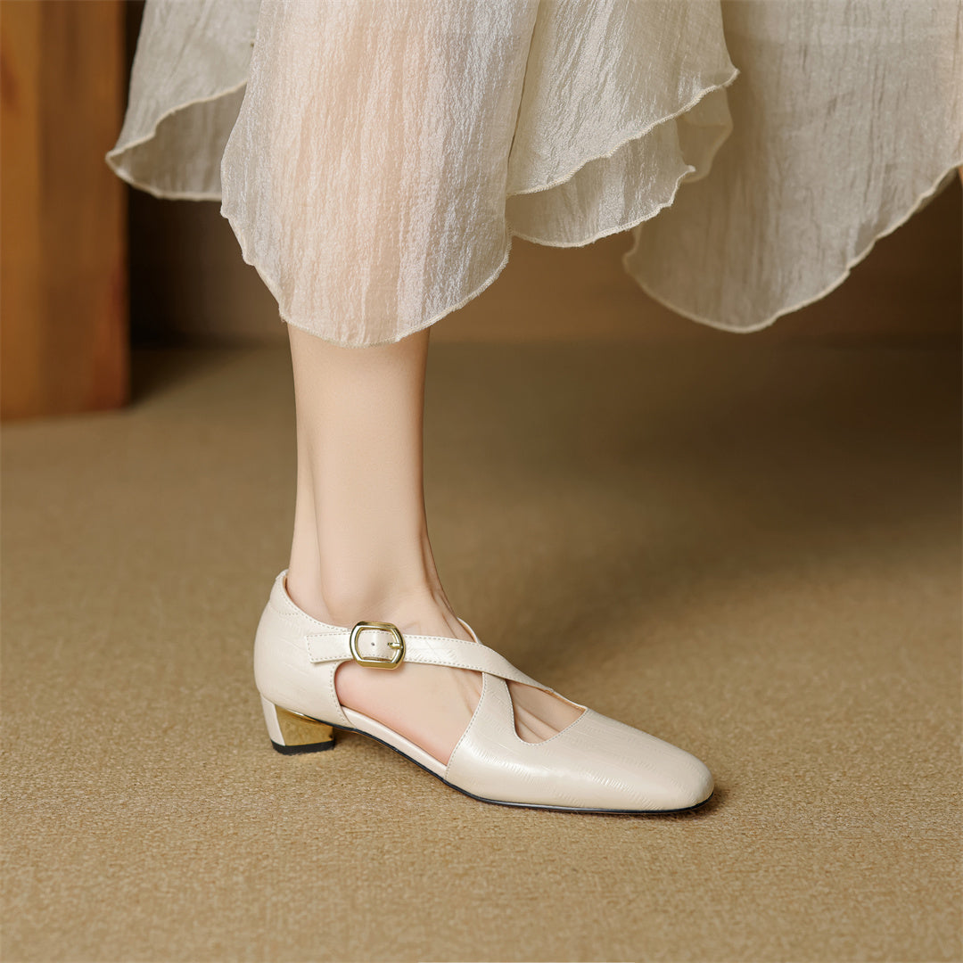 Rela Genuine Leather Cross-Strap Pumps