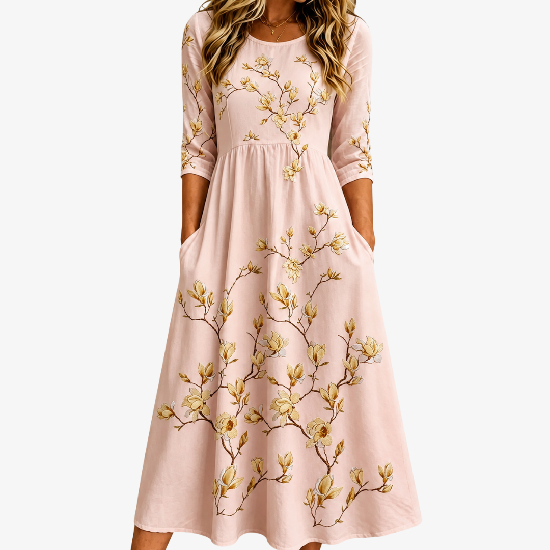 Robe Midi à Poches Floraison Magnolia Doré