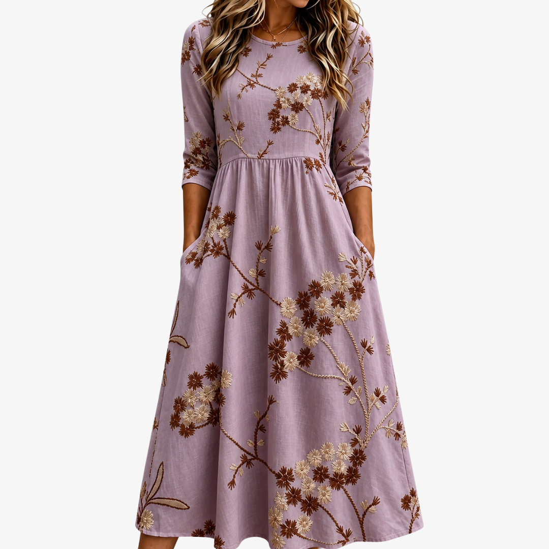 Robe Midi Fleurie à Poches Prairie Bruyère