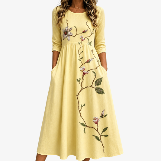 Robe Midi à Poches Floraison Dorée
