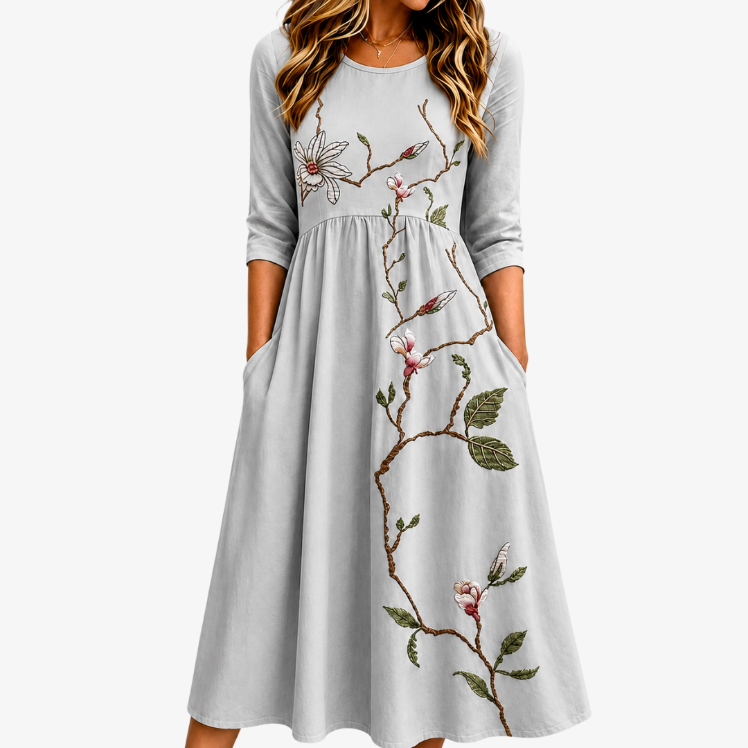 Robe Midi à Poches Floraison Prairie Argentée