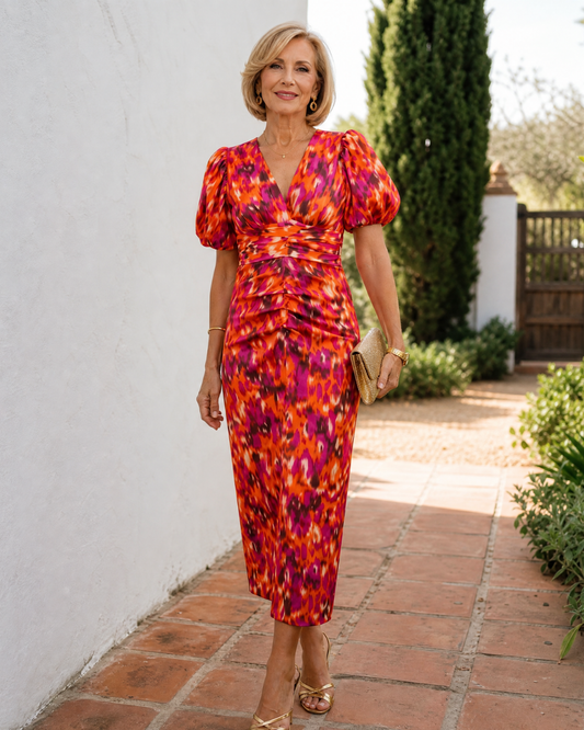 Zavienna | Abstract Print Puff Sleeve Ruched Midi Dress