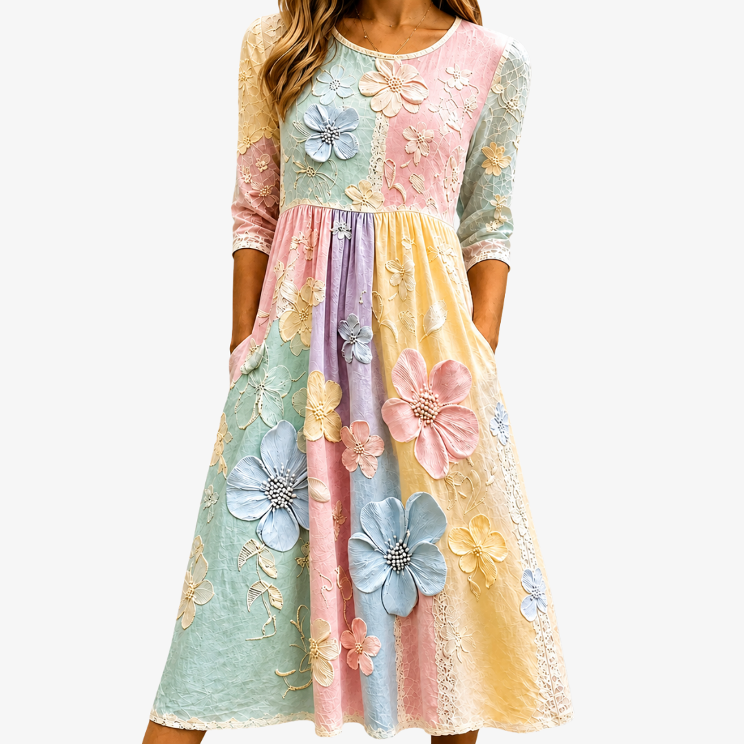 Robe Midi à Poches Jardin Floraison Pastel