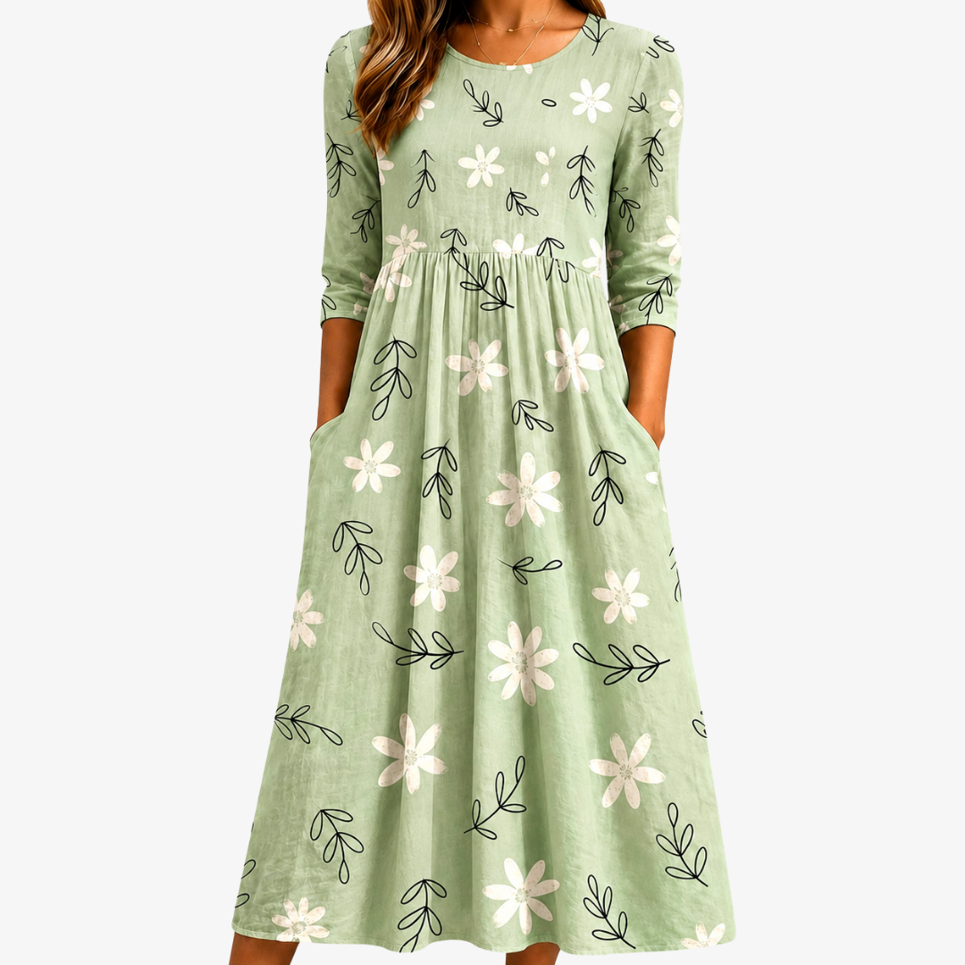 Robe Midi Quotidienne à Poches Floraison Sauge