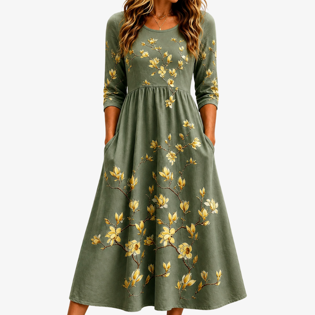 Robe Midi à Poches Floraison Sauge Grace