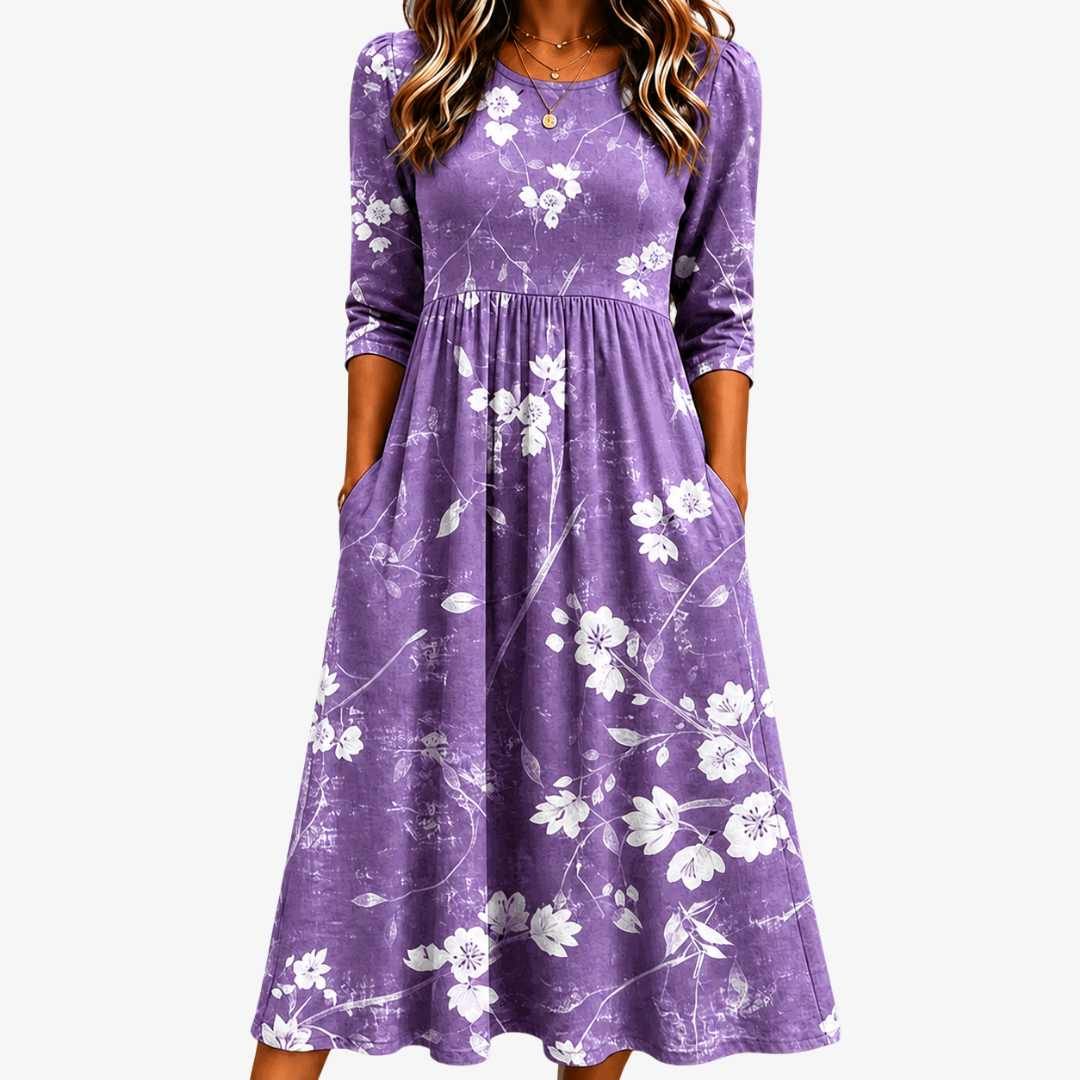 Robe Midi Confort à Poches Floraison Lavande