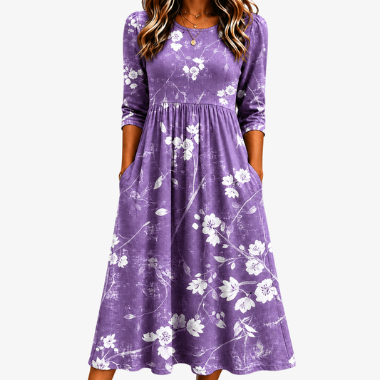 Robe Midi Confort à Poches Floraison Lavande