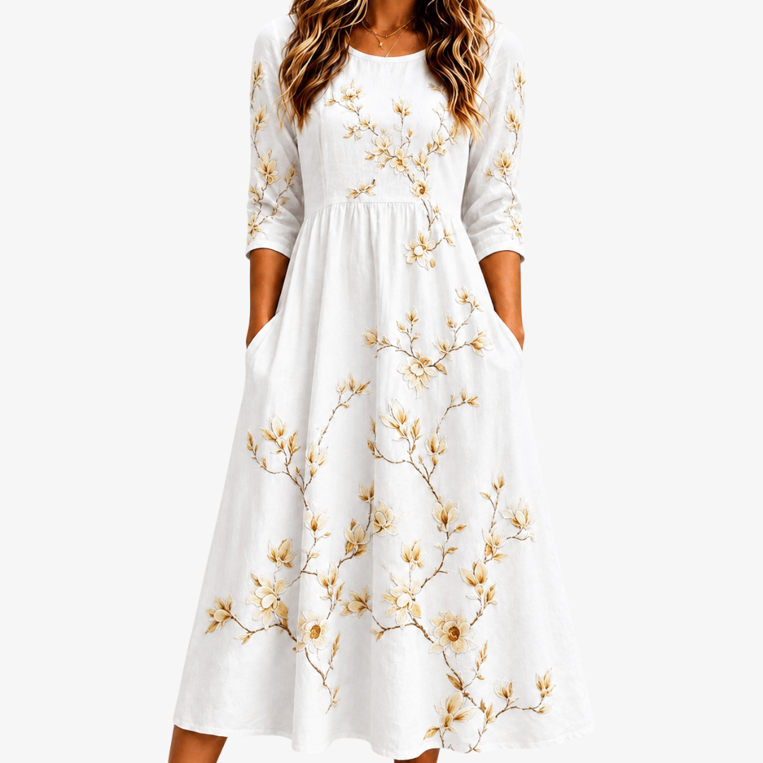 Robe Midi à Poches Floraison Ivoire Grace