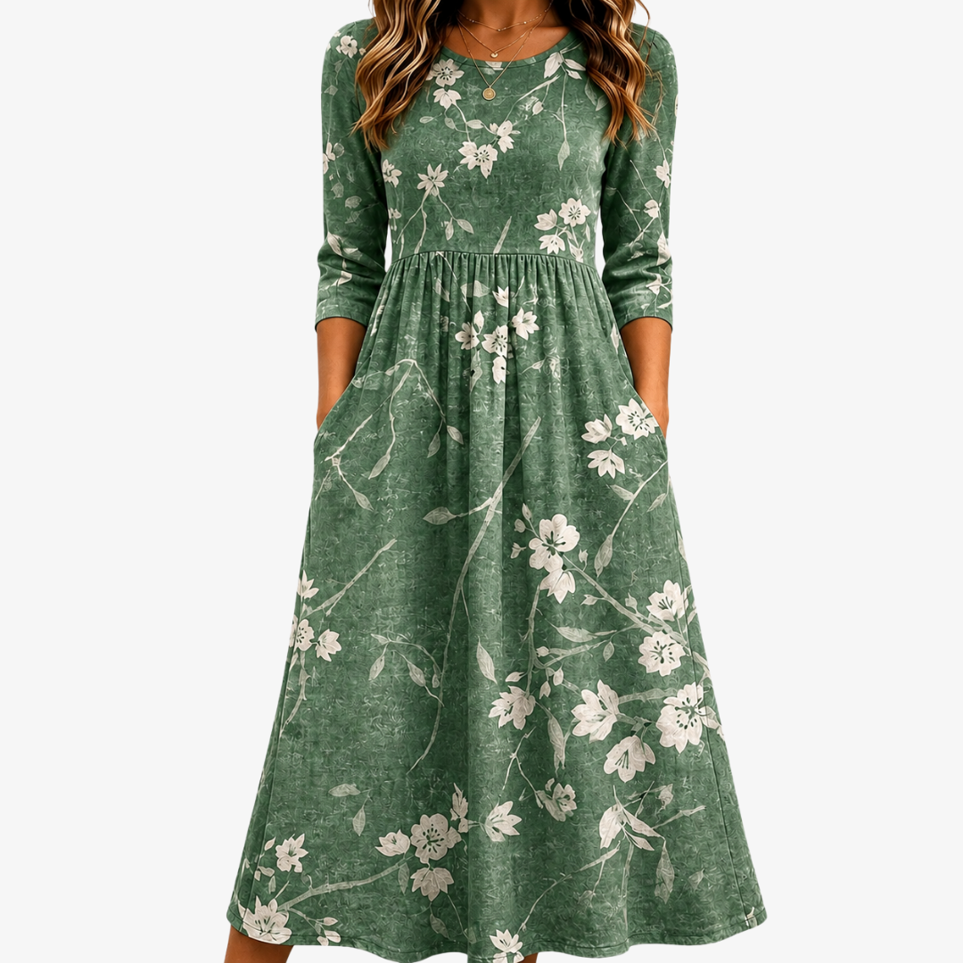 Robe Midi Détendue à Poches Floraison Évergreen