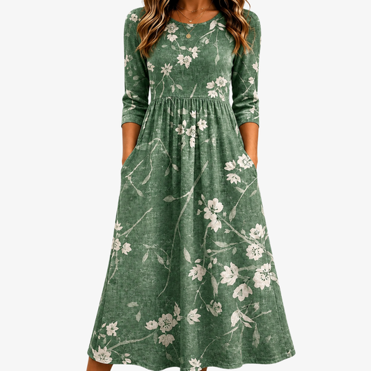 Robe Midi Détendue à Poches Floraison Évergreen