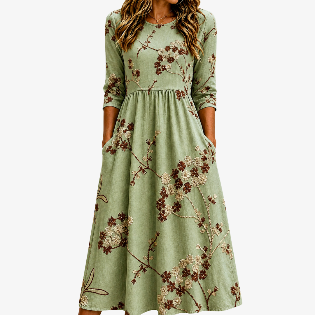Robe Midi Fleurie à Poches Prairie Sauge