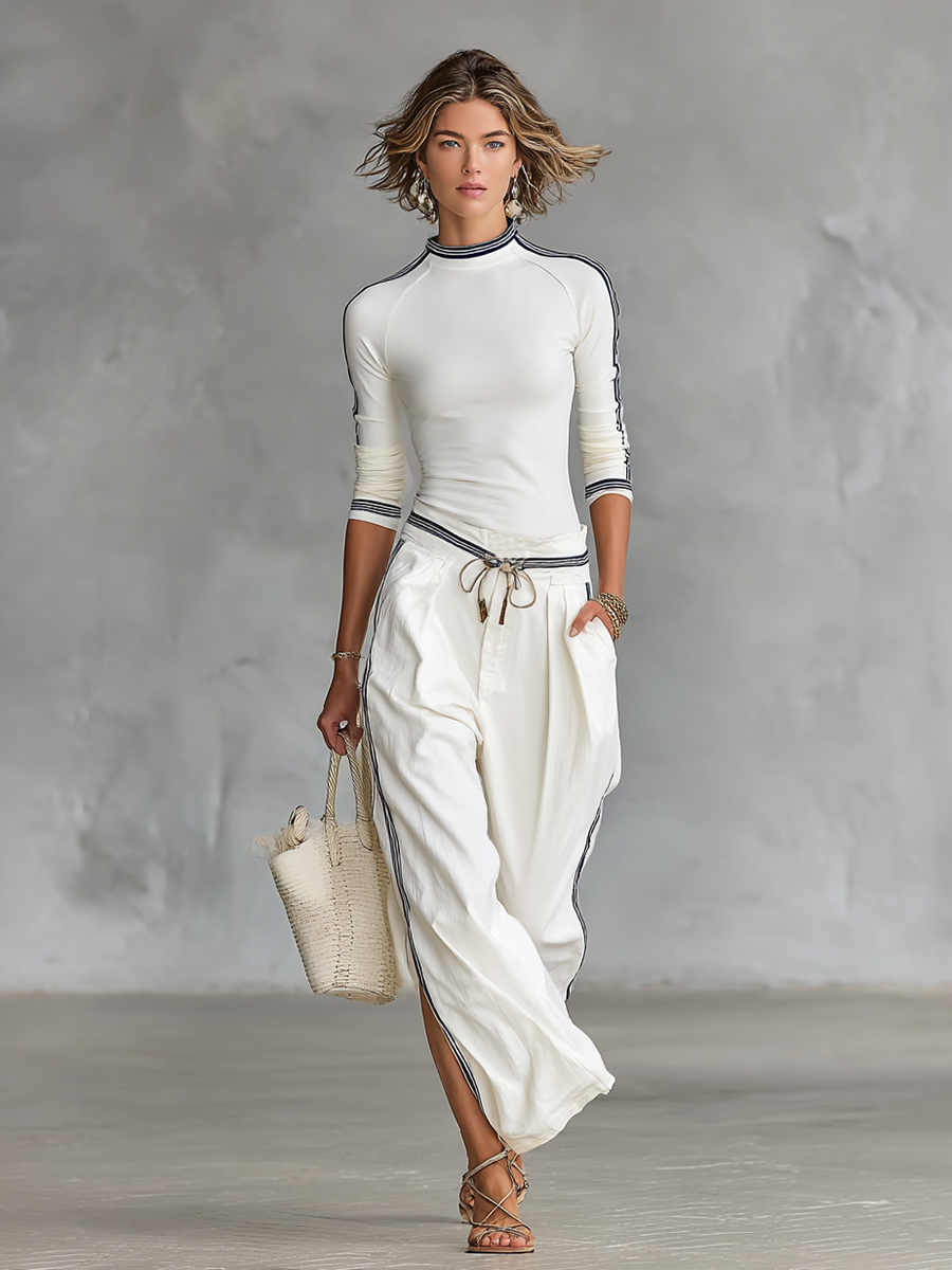 Two-Piece Set for Women: Long Sleeve High Neck Sports T-Shirt and Loose Pants with Drawstring