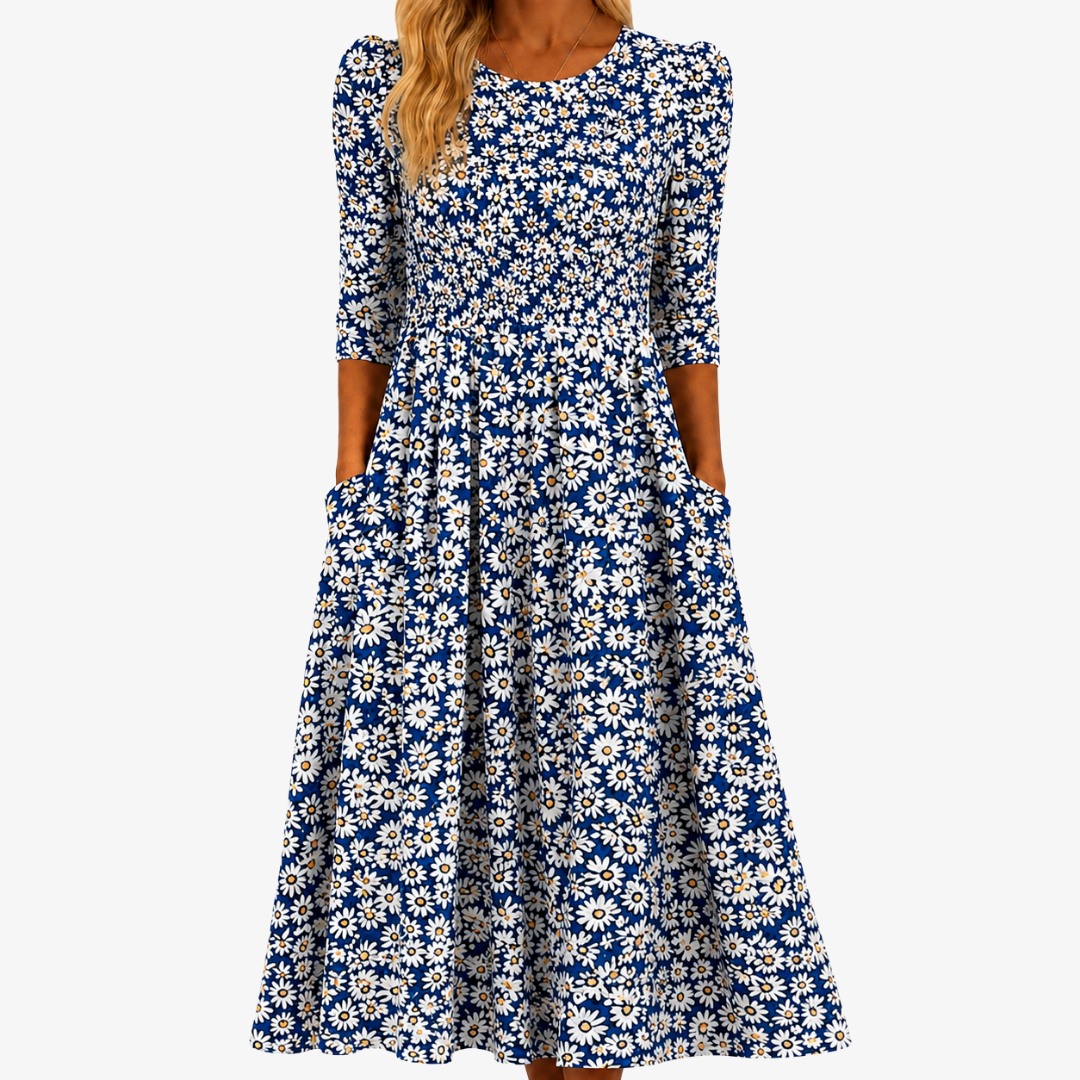 Robe Maxi à Poches Jardin de Marguerites Bleues