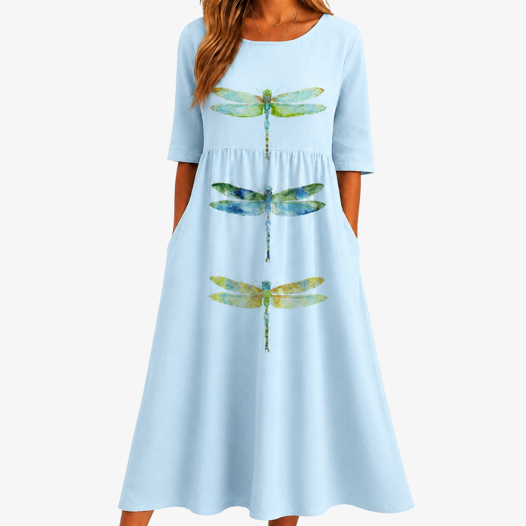 Robe Midi à Poches Prairie Céleste Libellules