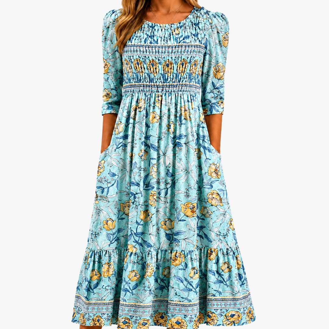 Robe Midi Jardin Smockée Floraison Dorée