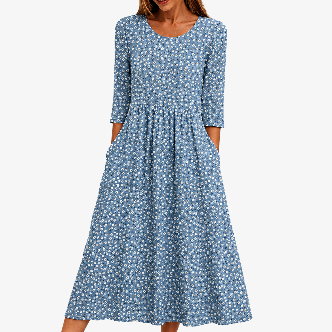 Robe Midi Fleurie Prairie Bleue Facile à Porter