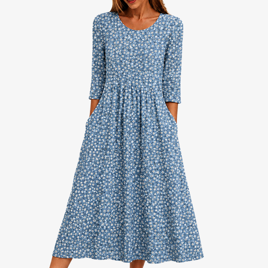 Robe Midi Fleurie Prairie Bleue Facile à Porter