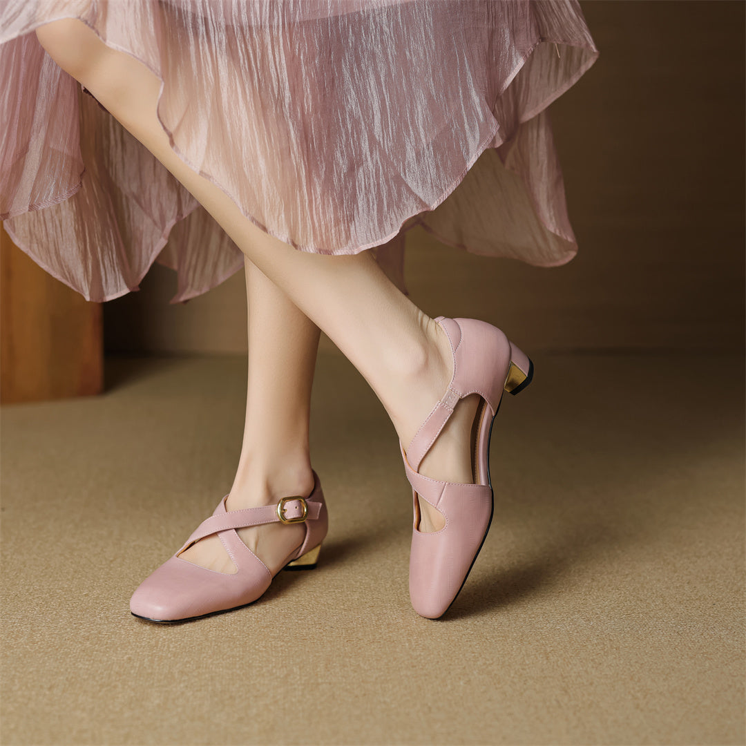 Rela Genuine Leather Cross-Strap Pumps