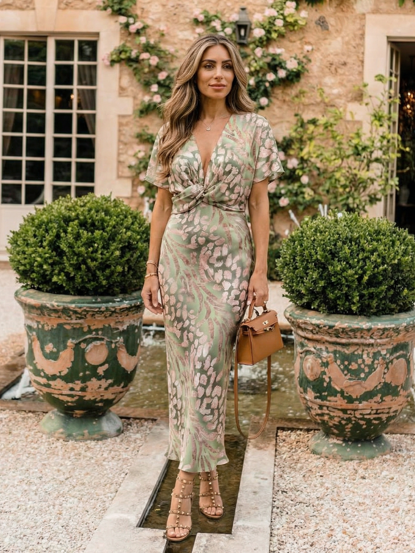 Helen & Mary™ | Abstract Print V Neck Twist Waist Midi Dress