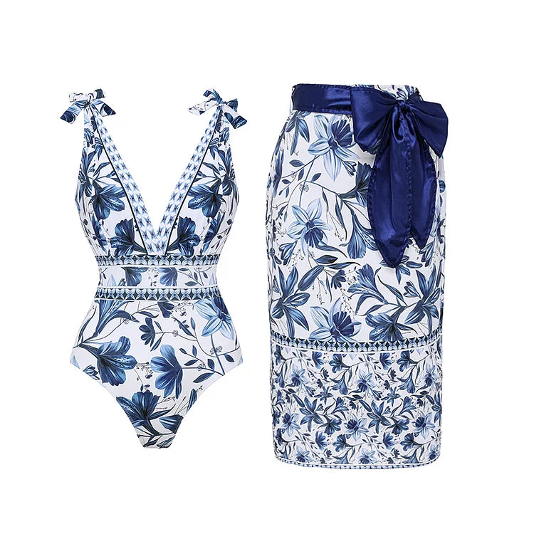 Paisley V Neck Lace Up Swimsuit
