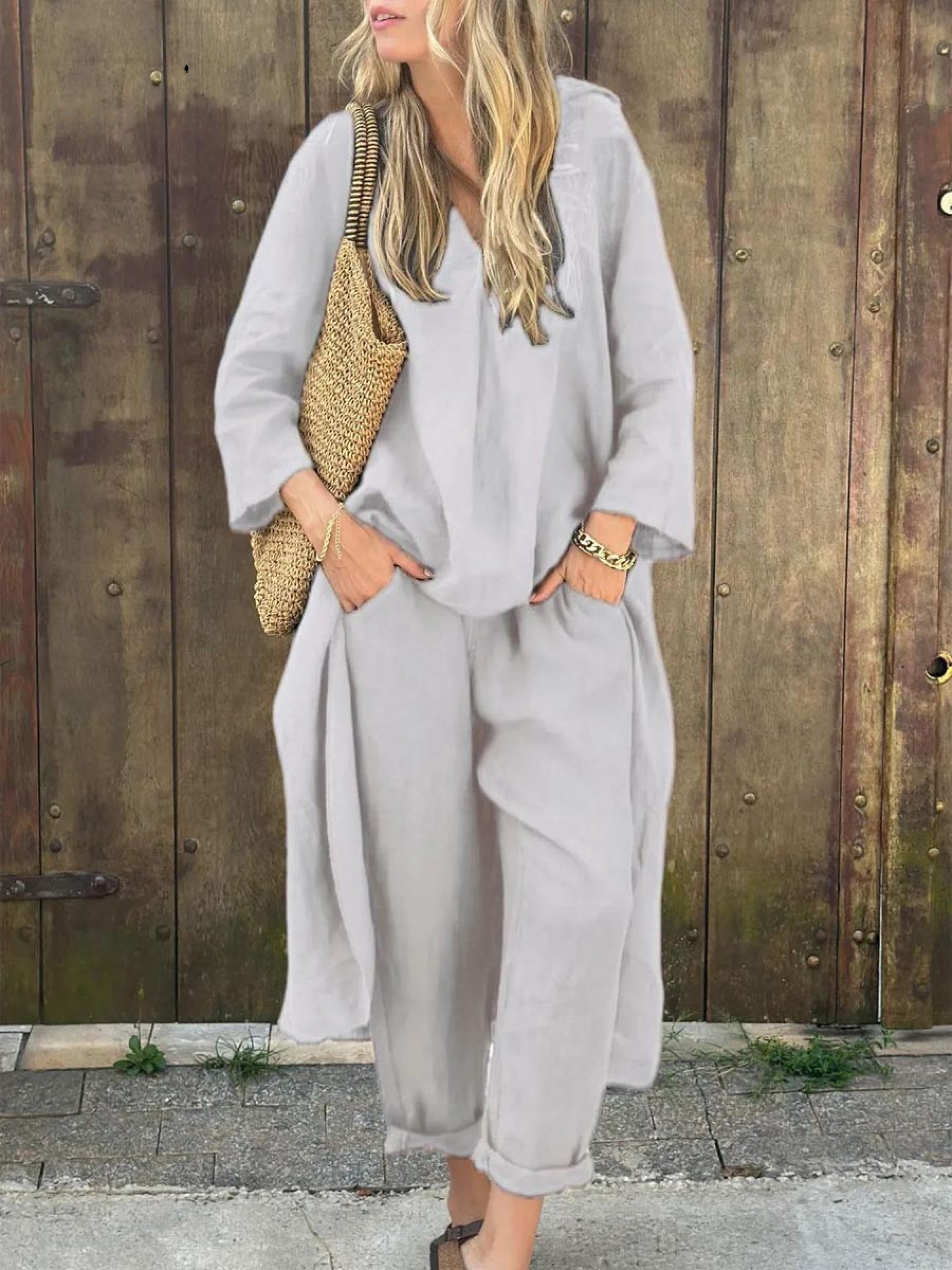 Jenna V-neck Top and Wide-leg Pants Set