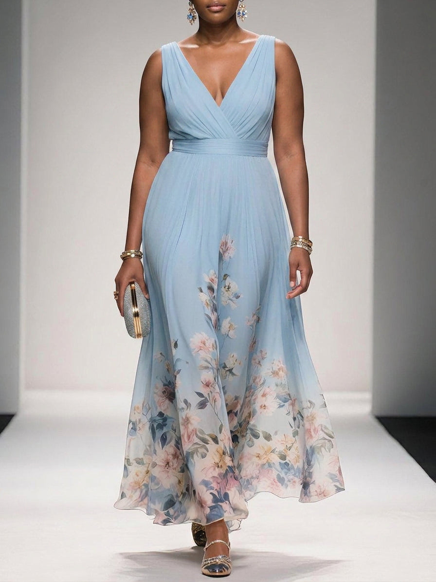 Rose | Light Blue Floral Chiffon V-Neck Maxi Dress