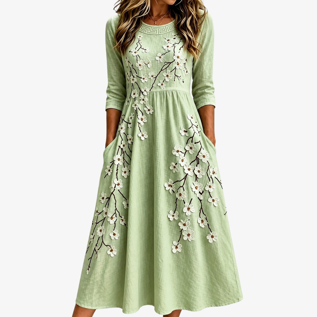 Robe Midi à Poches Jardin Floraison Sauge