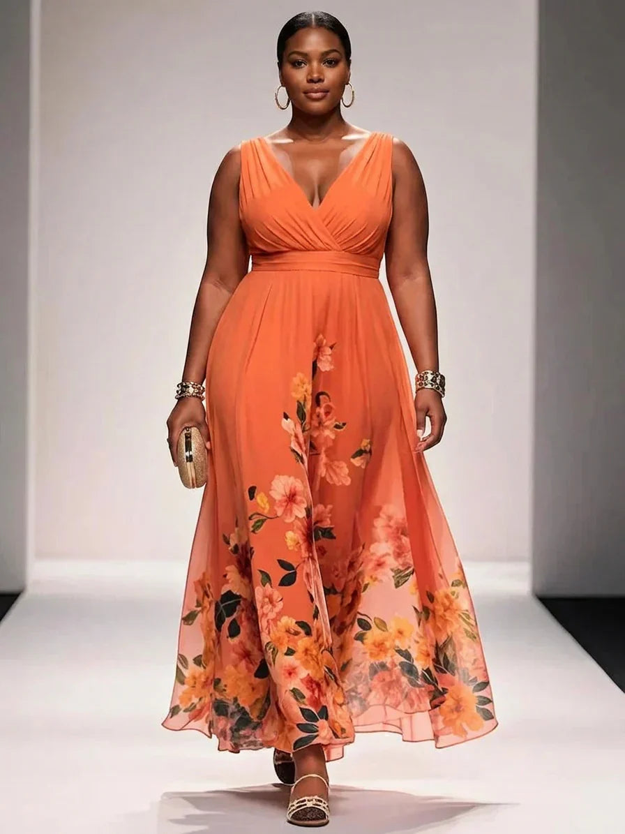 Rose | Light Blue Floral Chiffon V-Neck Maxi Dress