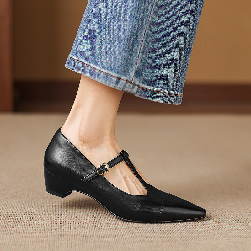 Boria Genuine Leather T-strap Heels