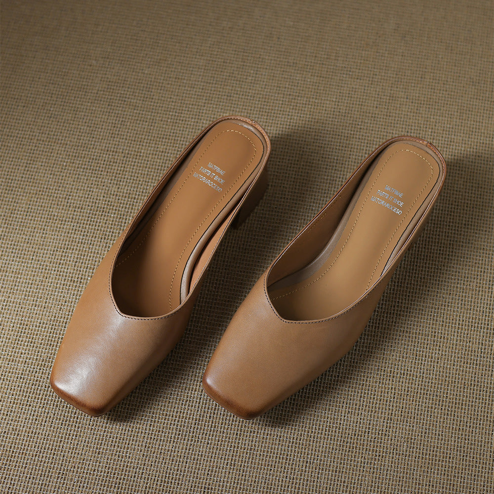 Velen Genuine Leather Square Toe Mule Heels