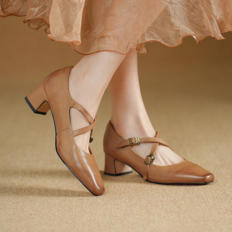 Ceren Genuine Leather Crisscross Strap Heels