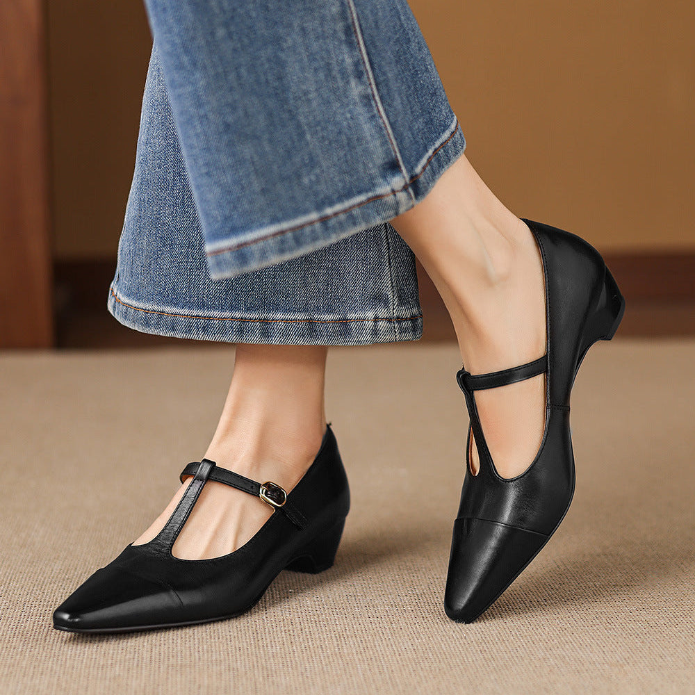 Boria Genuine Leather T-strap Heels