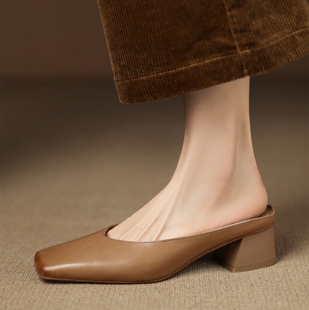 Velen Genuine Leather Square Toe Mule Heels