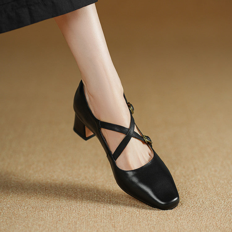 Ceren Genuine Leather Crisscross Strap Heels