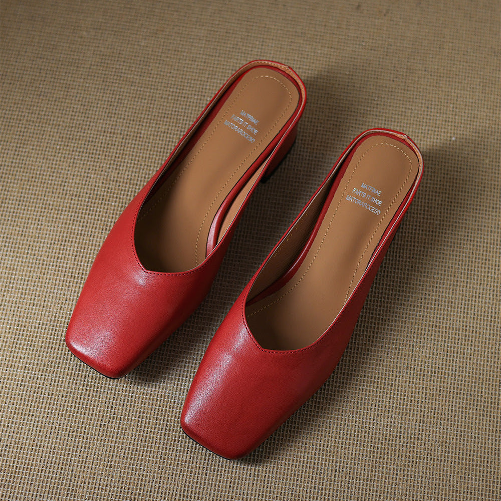 Velen Genuine Leather Square Toe Mule Heels