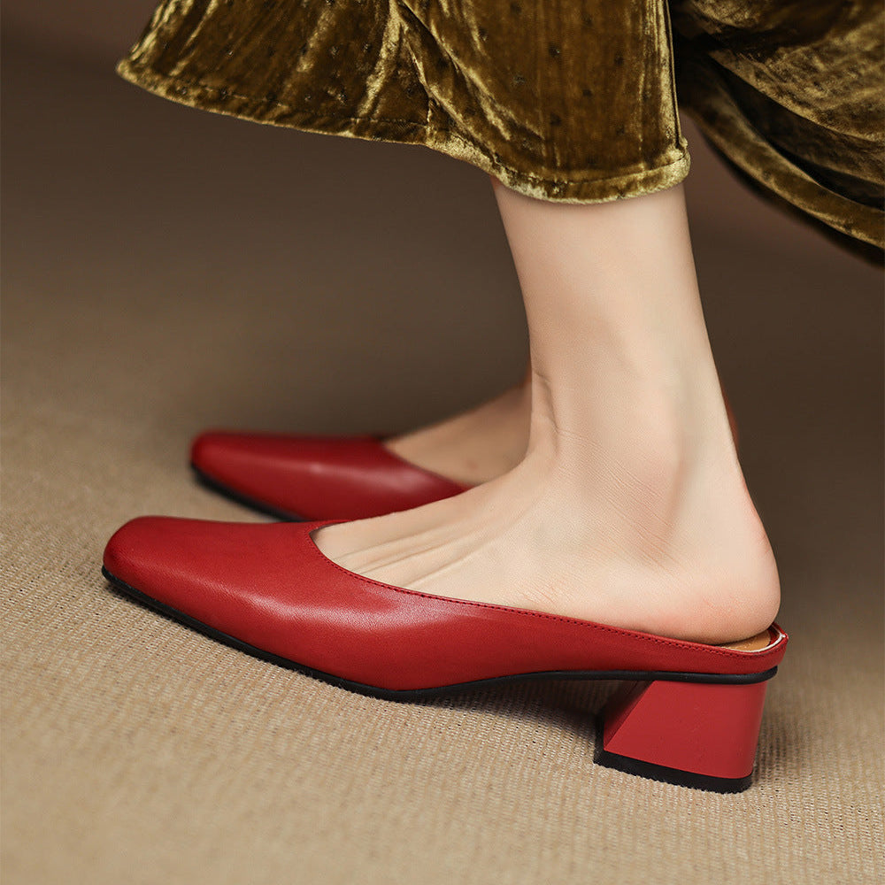 Velen Genuine Leather Square Toe Mule Heels