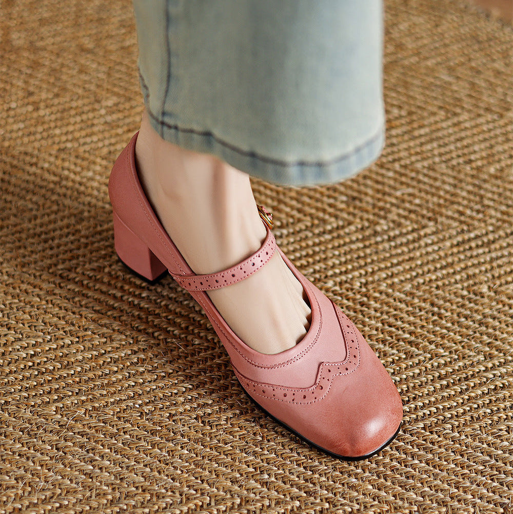 Harel Genuine Leather Wingtip Brogue Heels