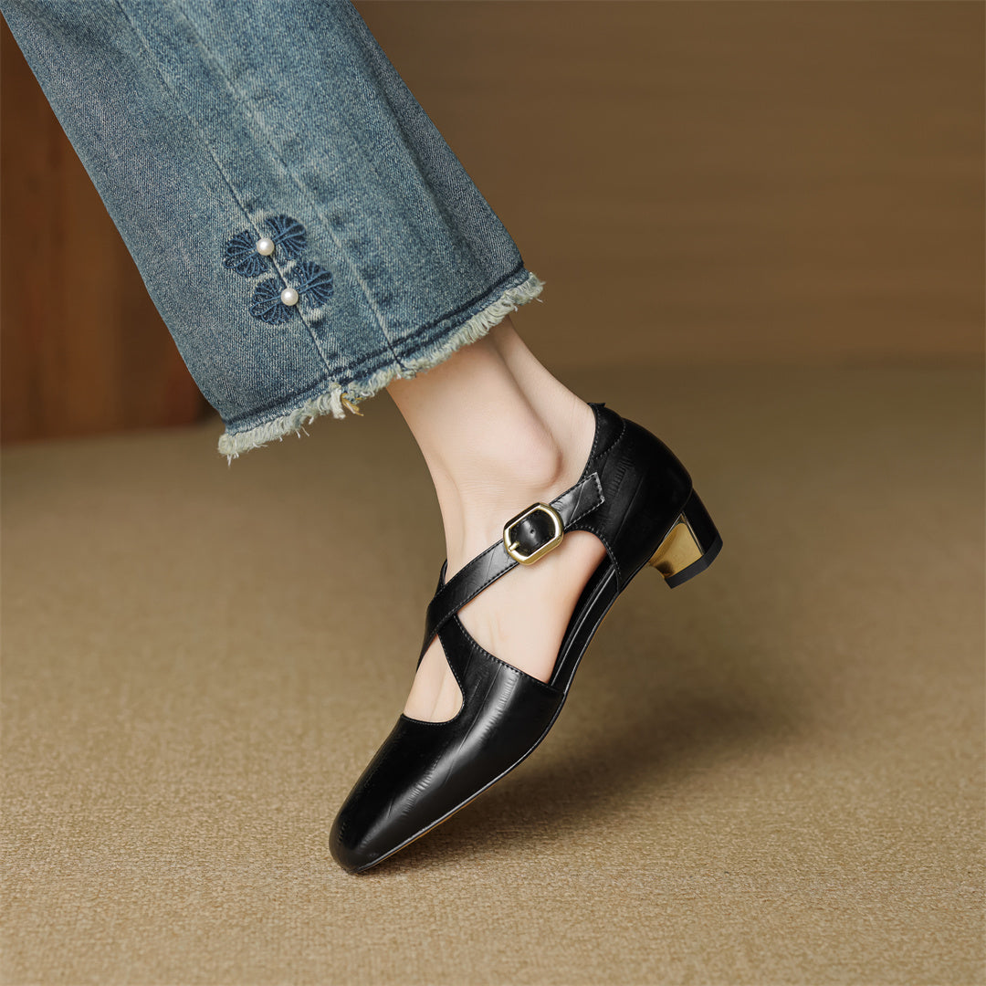 Rela Genuine Leather Cross-Strap Pumps