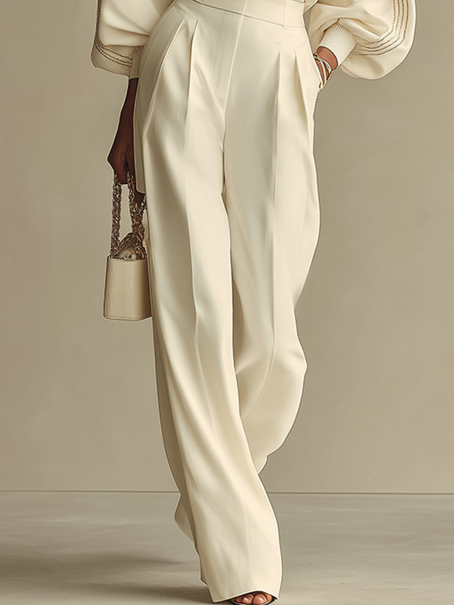 Serenity Ribbed Crew Neck Top and High-waisted Wide-leg Pants Suit