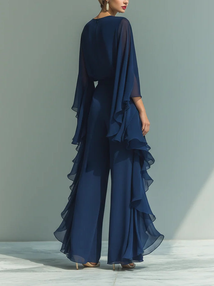 Quinn Chiffon Bell-Sleeve Top and Ruffled Pants Set