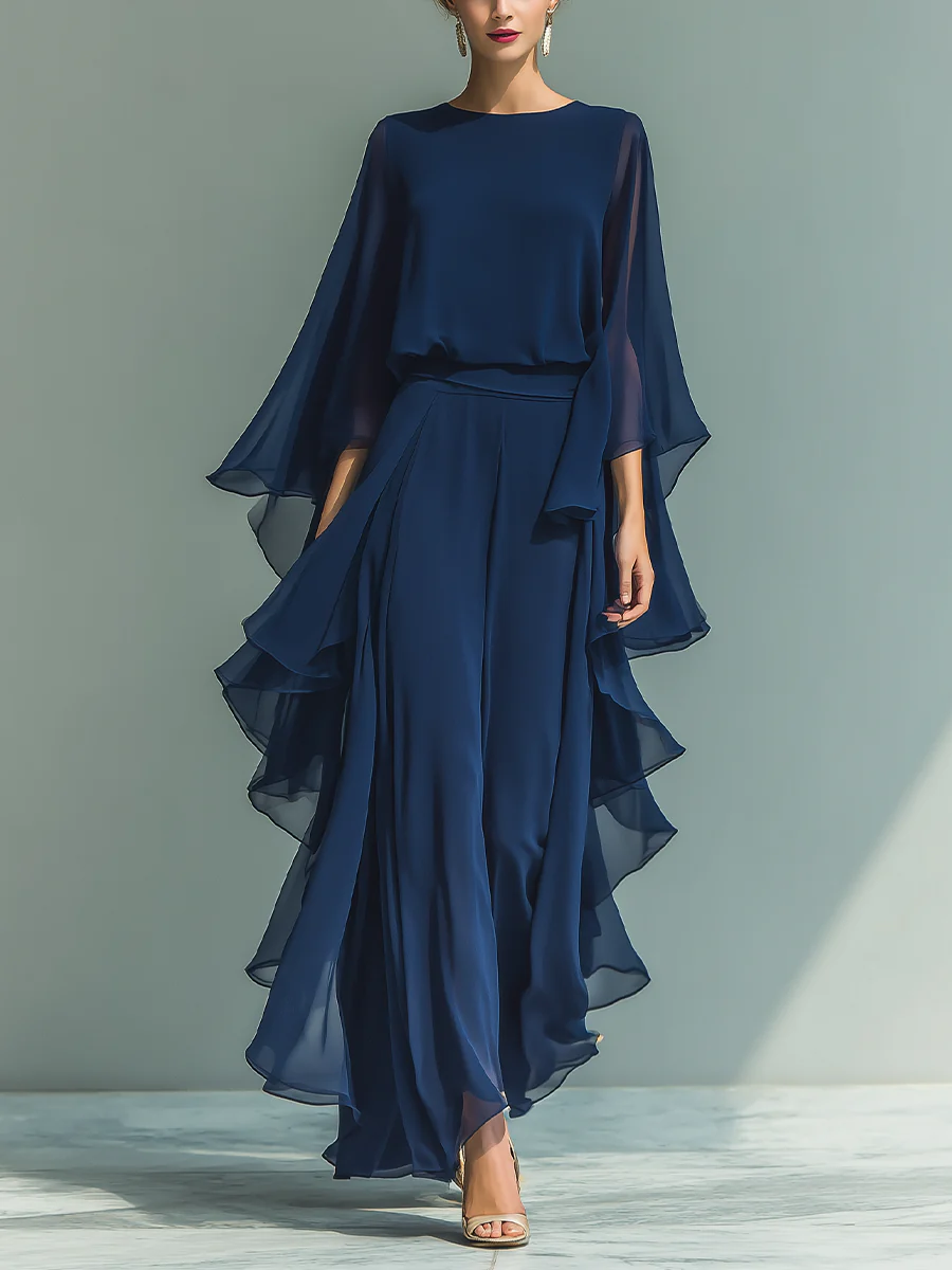 Quinn Chiffon Bell-Sleeve Top and Ruffled Pants Set