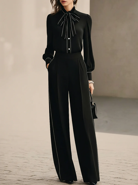 Camila Bow-tie Blouse and Wide-leg Trousers Set