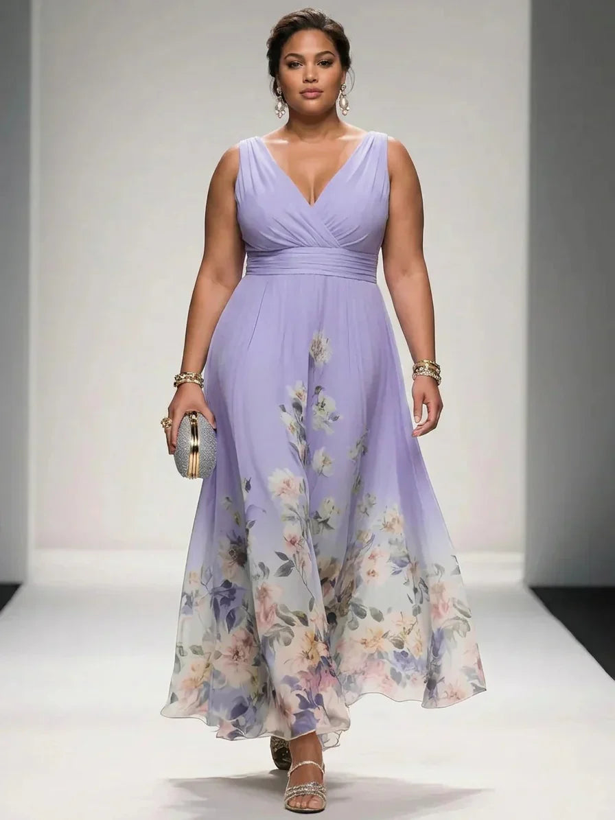 Rose | Light Blue Floral Chiffon V-Neck Maxi Dress