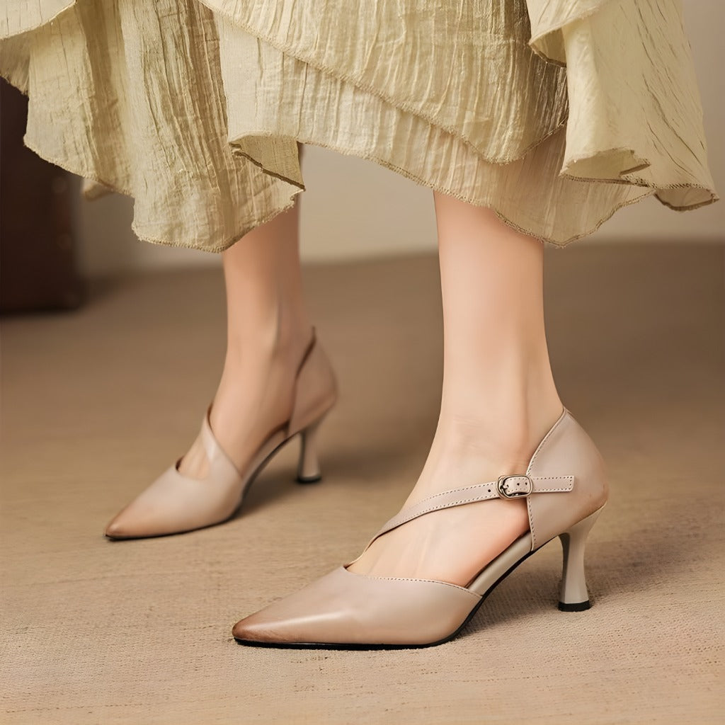 Avena Genuine Leather Crossover Strap Heels