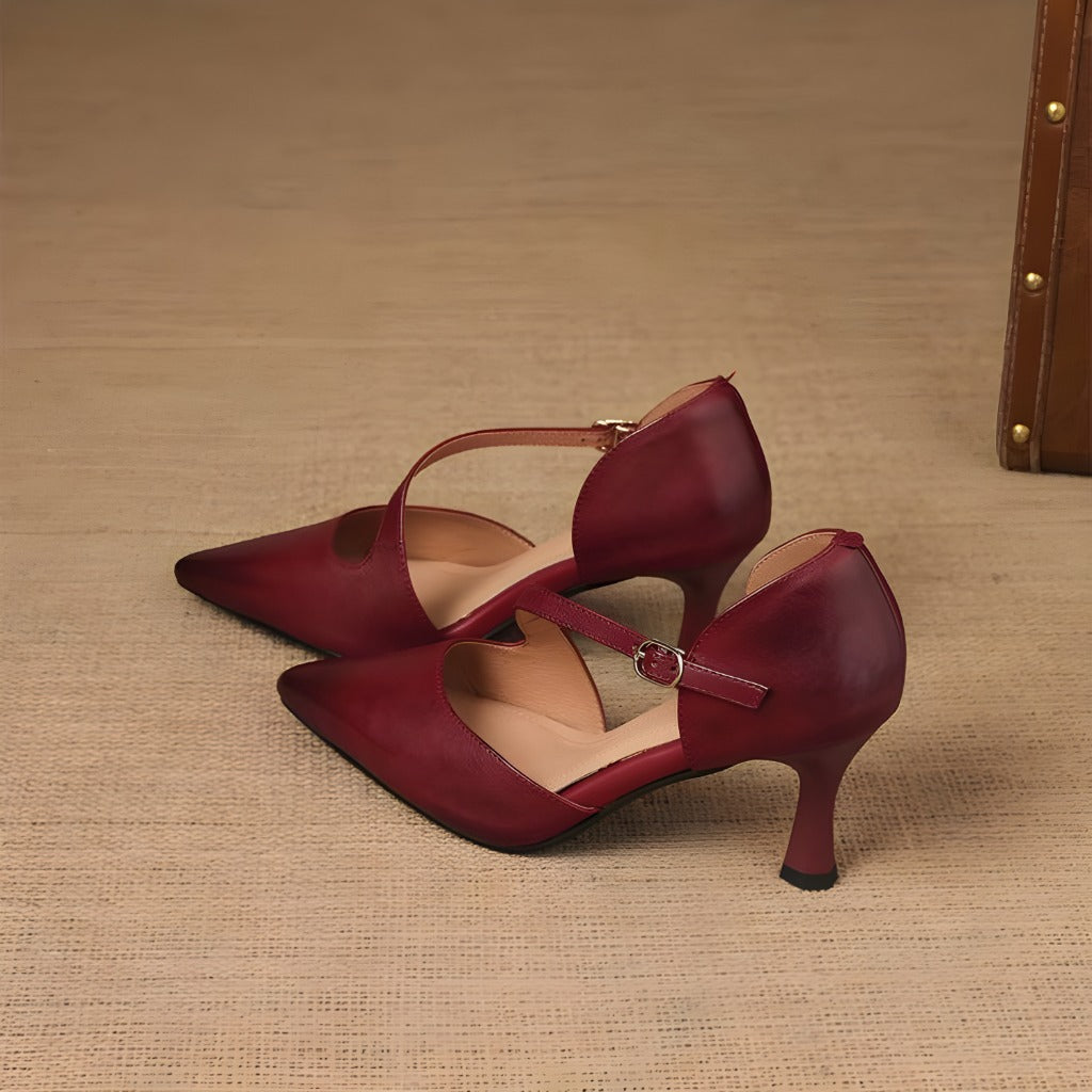 Avena Genuine Leather Crossover Strap Heels